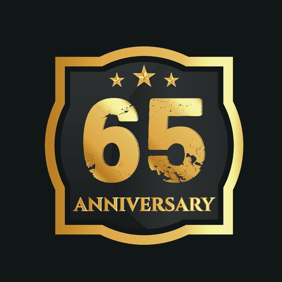 festeggiare 65 ° anni anniversario con d'oro confine e stelle su buio sfondo, vettore design.