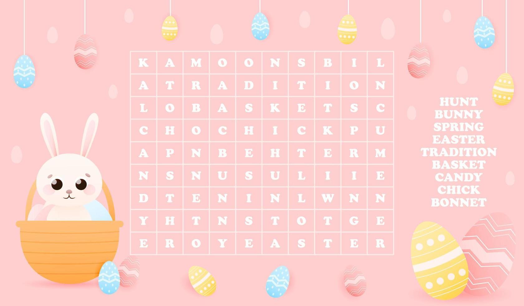 parola ricerca enigma per bambini con carino animale personaggio - Pasqua coniglietto nascondiglio nel cestino con dipinto uova su rosa sfondo, puzzle per bambini prenotare, stampabile foglio di lavoro, primavera vacanza tema vettore