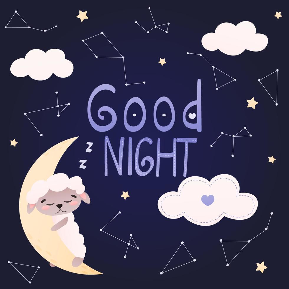carino pecora personaggio addormentato su il Luna, nuvole, stelle e contellazioni intorno a, bene notte scritte, saluto carta vettore