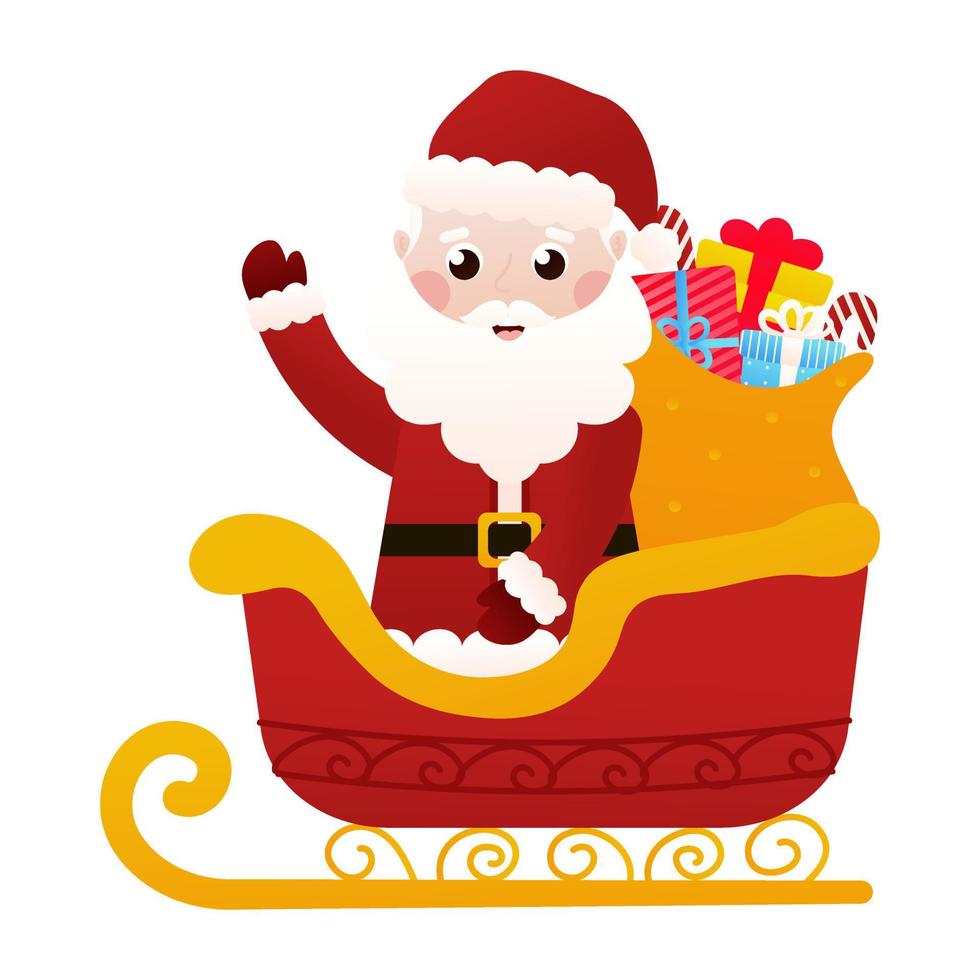 Santa Claus personaggio seduta nel slitte con Borsa con regalo scatole nel cartone animato stile su bianca sfondo, clip arte per manifesto design o saluti carte, inviti vettore