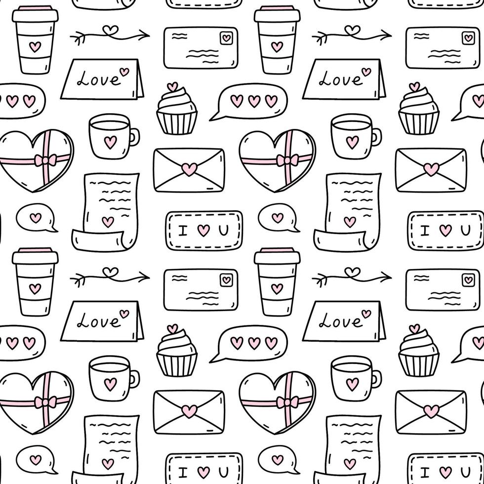 carino senza soluzione di continuità modello per San Valentino giorno con frecce, amore lettere, buste, cupcakes, cioccolatini e caffè. vettore disegnato a mano scarabocchio illustrazione. Perfetto per vacanza disegni, arredamento, avvolgere.