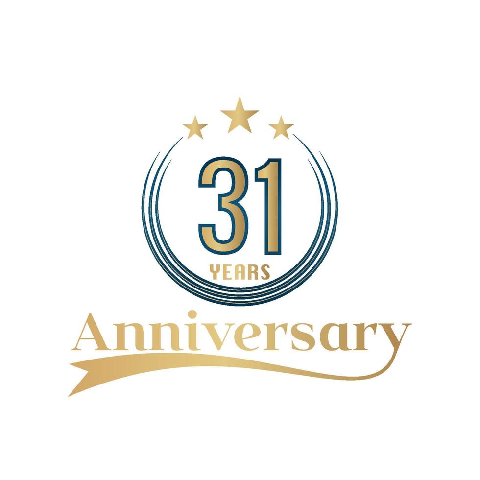 31 anno anniversario vettore modello design illustrazione. oro e blu colore design con nastro