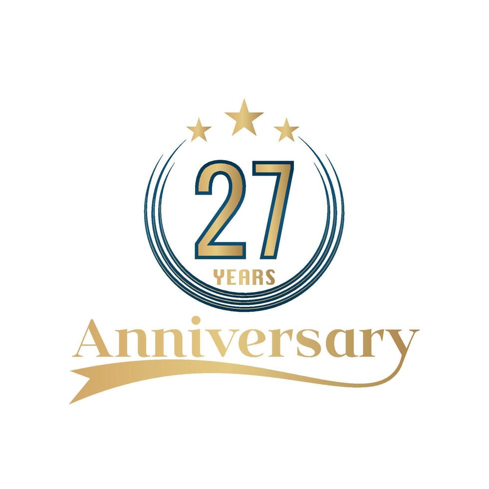 27 anno anniversario vettore modello design illustrazione. oro e blu colore design con nastro