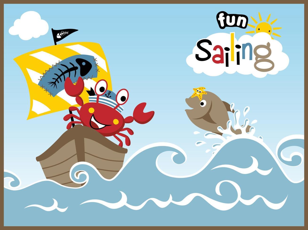 cartone animato vettore di Granchio su barca a vela, marino animali nel il mare. granchio, pesce, stella marina.