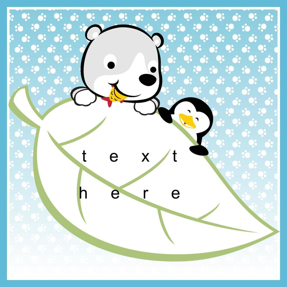 telaio confine modello sagomato foglia con polare orso cartone animato e pinguino su animali pista sfondo vettore
