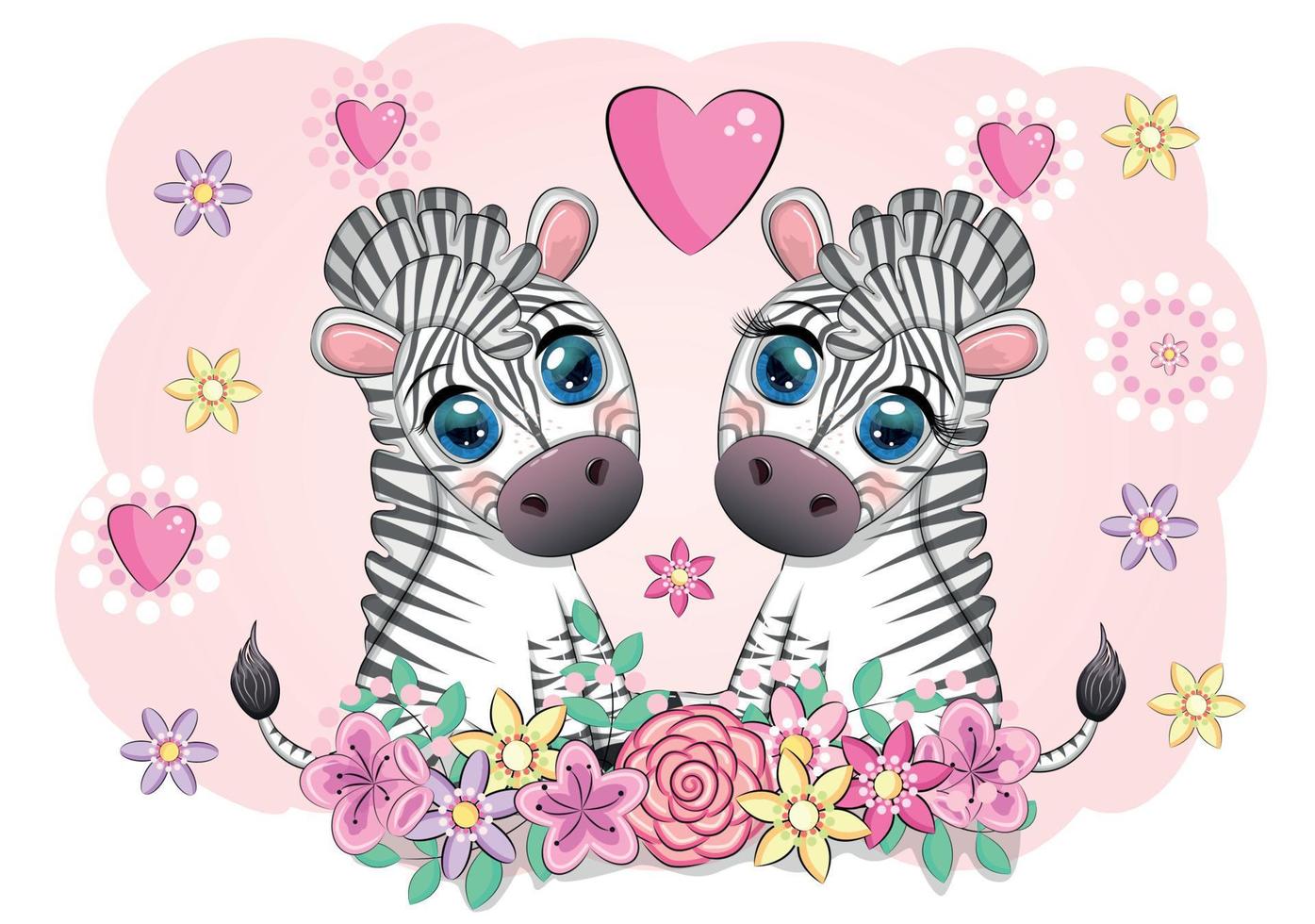 zebre nel amore nel fiori con un' cuore, San Valentino giorno cartolina vettore