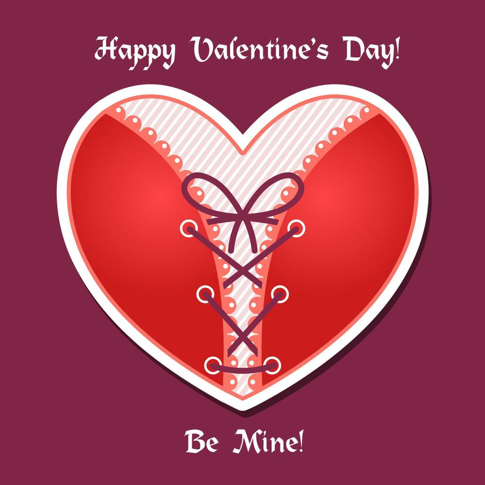 prefabbricato san valentino giorno saluto carta. rosso corsetto cuore con allacciatura. vettore illustrazione per 14 di febbraio.