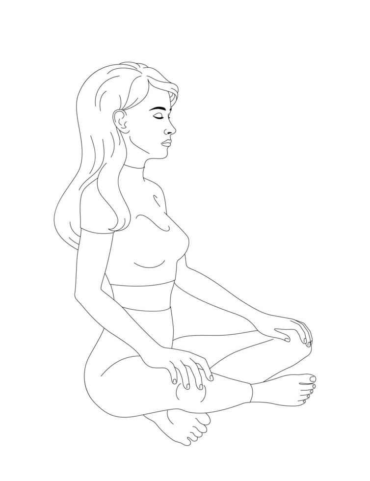 donna medita, rilassa, fa yoga nel il loto posizione. vettore illustrazione. nero linea su bianca isolato sfondo.