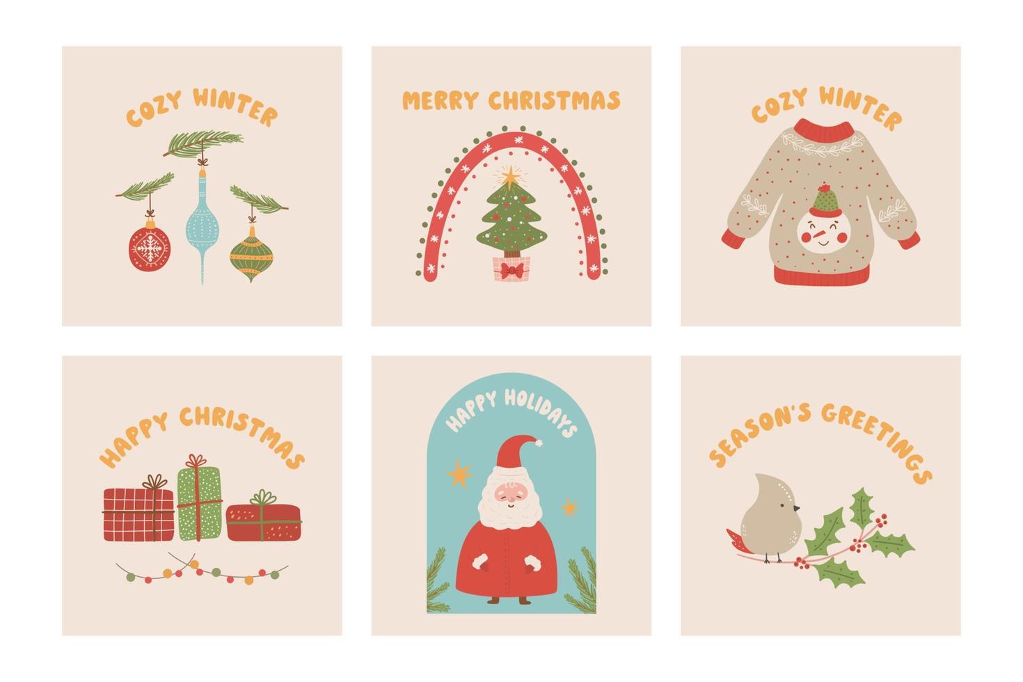 collezione di Natale saluti con uccello, Natale alberi, i regali e Santa Claus modificabile vettore