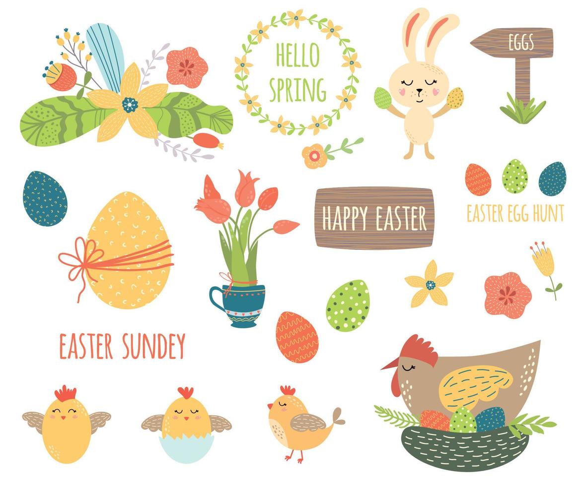 Pasqua impostato elementi Pasqua uova coniglio chiken fiori ghirlanda direzione. Pasqua citazione Ciao primavera contento Pasqua carino cartone animato personaggi impianti decorazioni adesivi festa collezione vettore illustrazione.