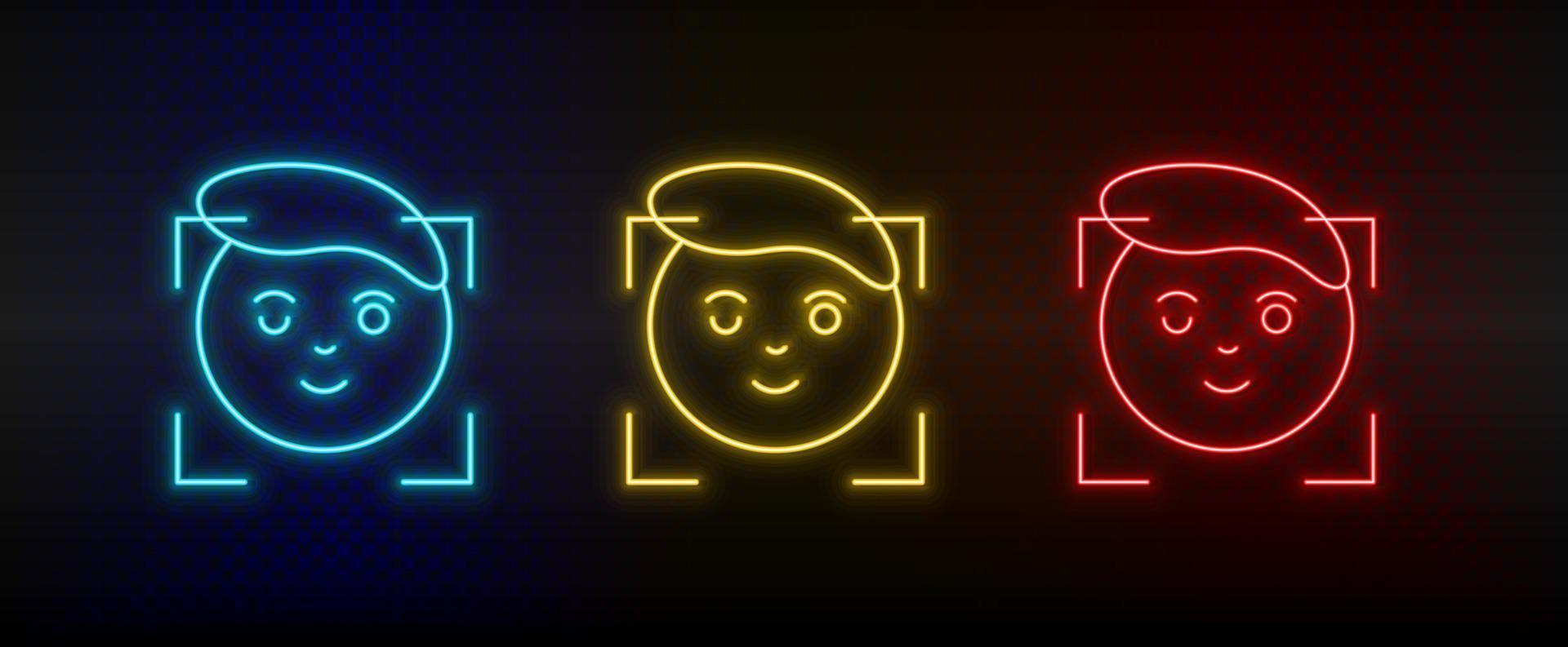 neon icone. analisi facciale Tech inteligente . impostato di rosso, blu, giallo neon vettore icona su scurire sfondo