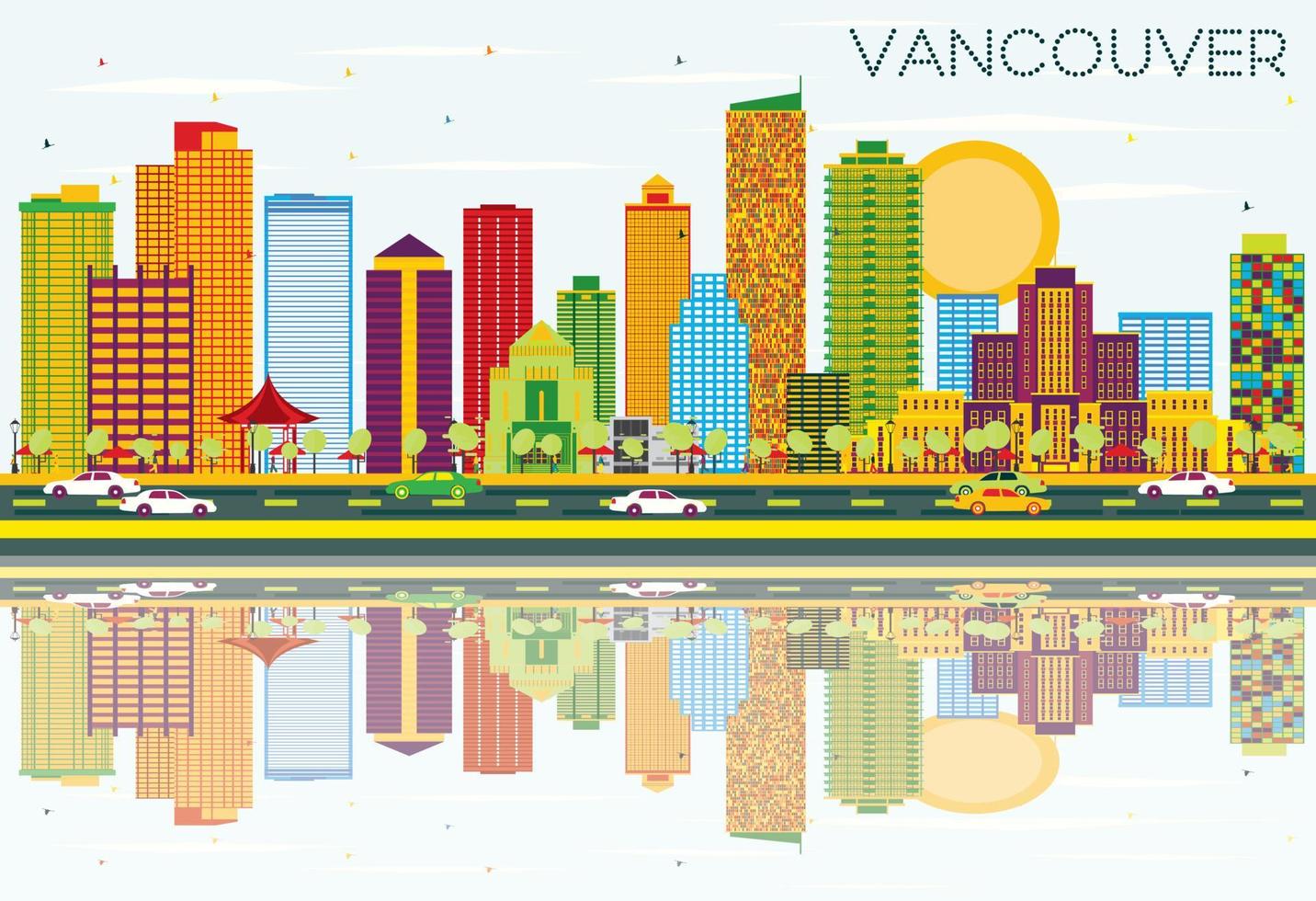 vancouver orizzonte con colore edifici, blu cielo e riflessi. vettore