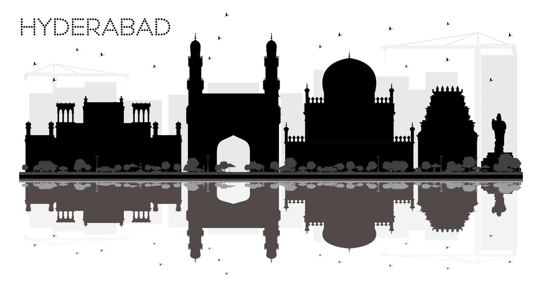 Hyderabad città orizzonte nero e bianca silhouette con riflessi. vettore