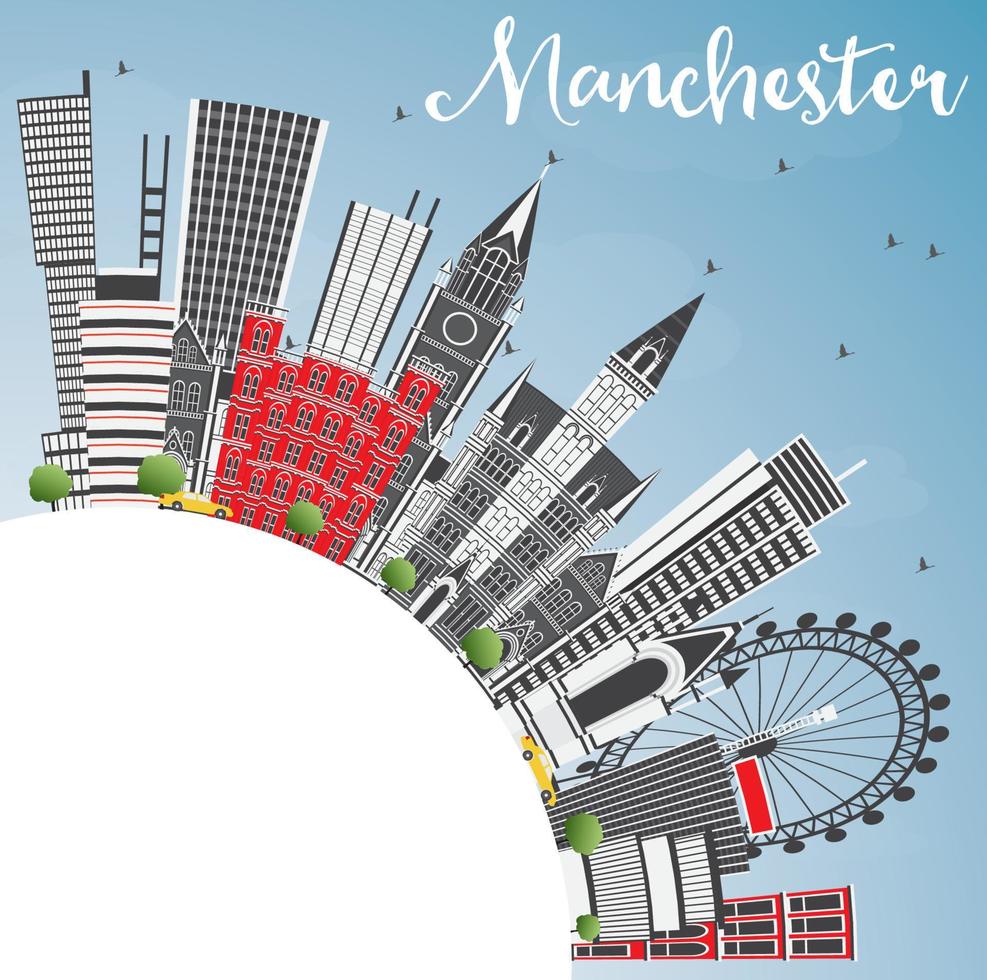 Manchester Inghilterra città orizzonte con grigio edifici, blu cielo e copia spazio. vettore