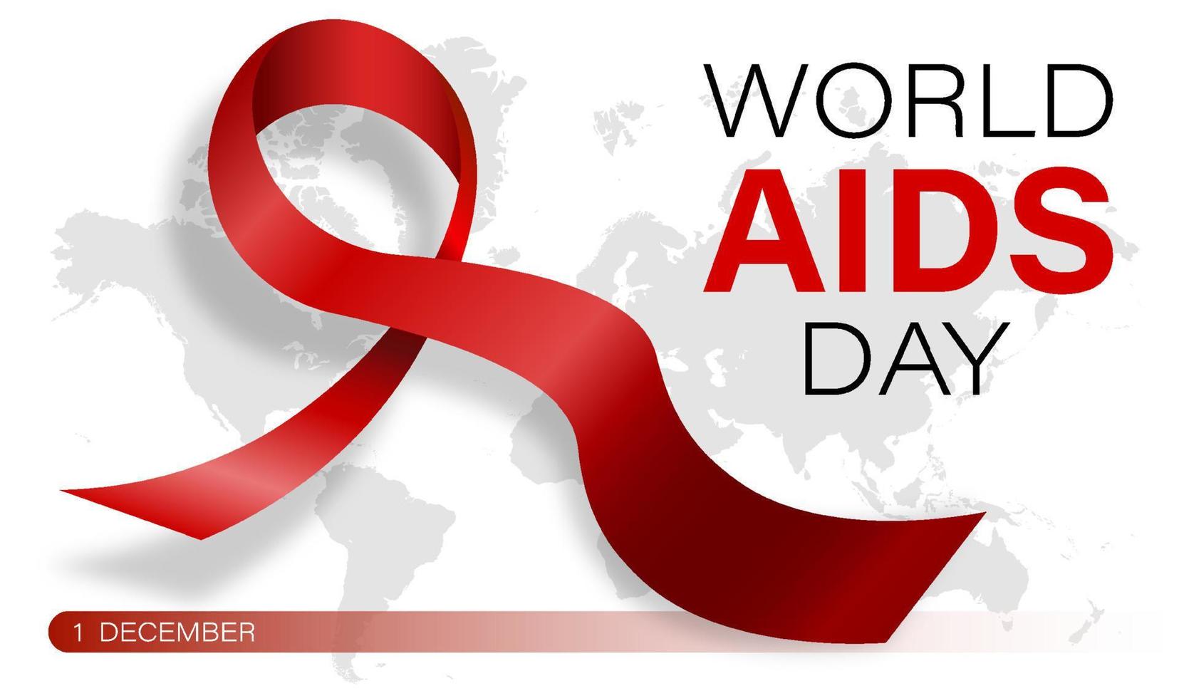mondo AIDS giorno 1 dicembre. rosso nastro su femmina mano contro sfondo di continenti di terra. manifesto per mondo AIDS giorno. vettore