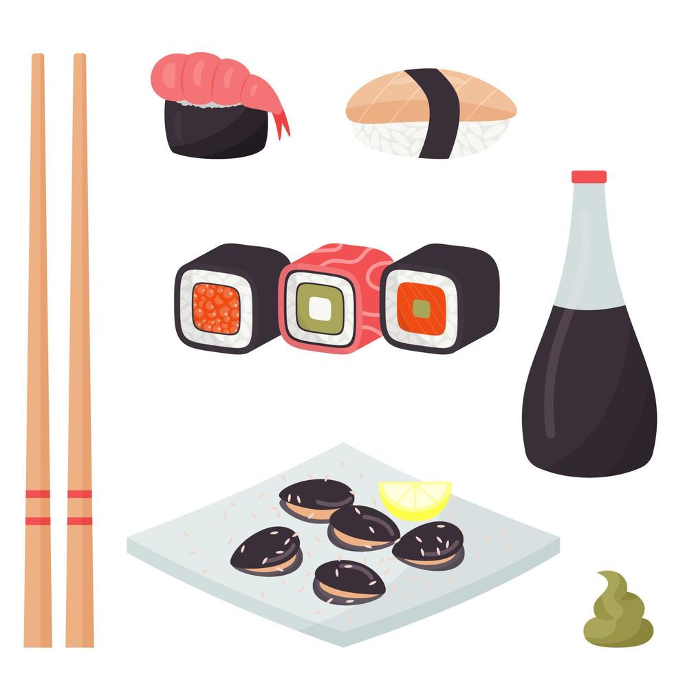 Sushi impostato e bastoncini vettore