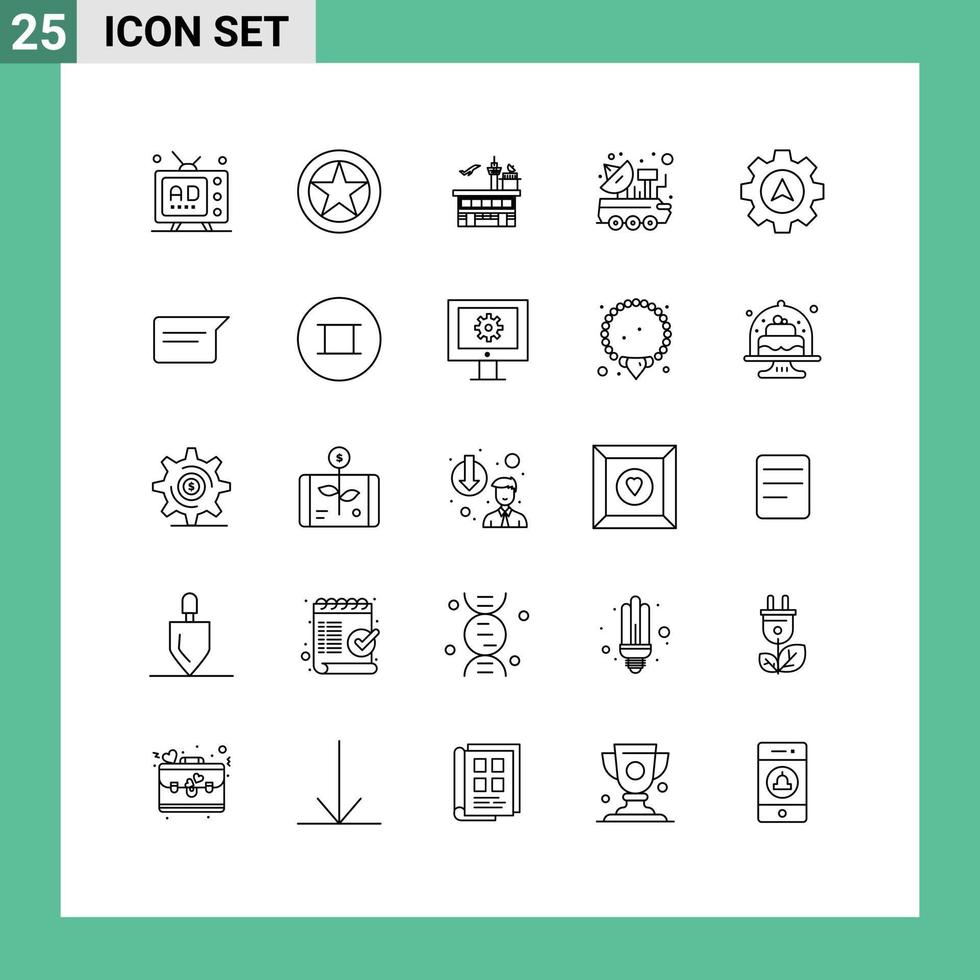 mobile interfaccia linea impostato di 25 pittogrammi di satellitare mezzi di trasporto militare rango trasporto spedizione modificabile vettore design elementi
