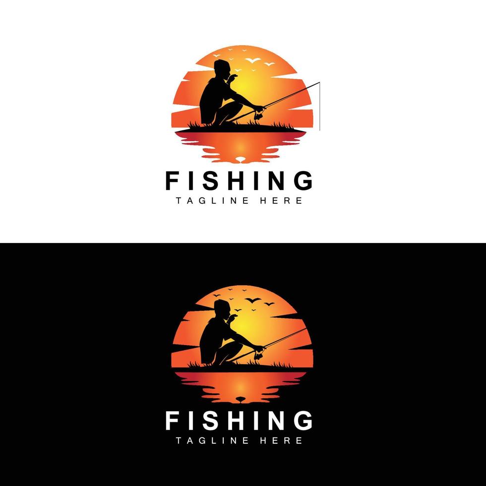 vettore icona logo pesca, pescare pesce sulla barca, design silhouette tramonto all'aperto