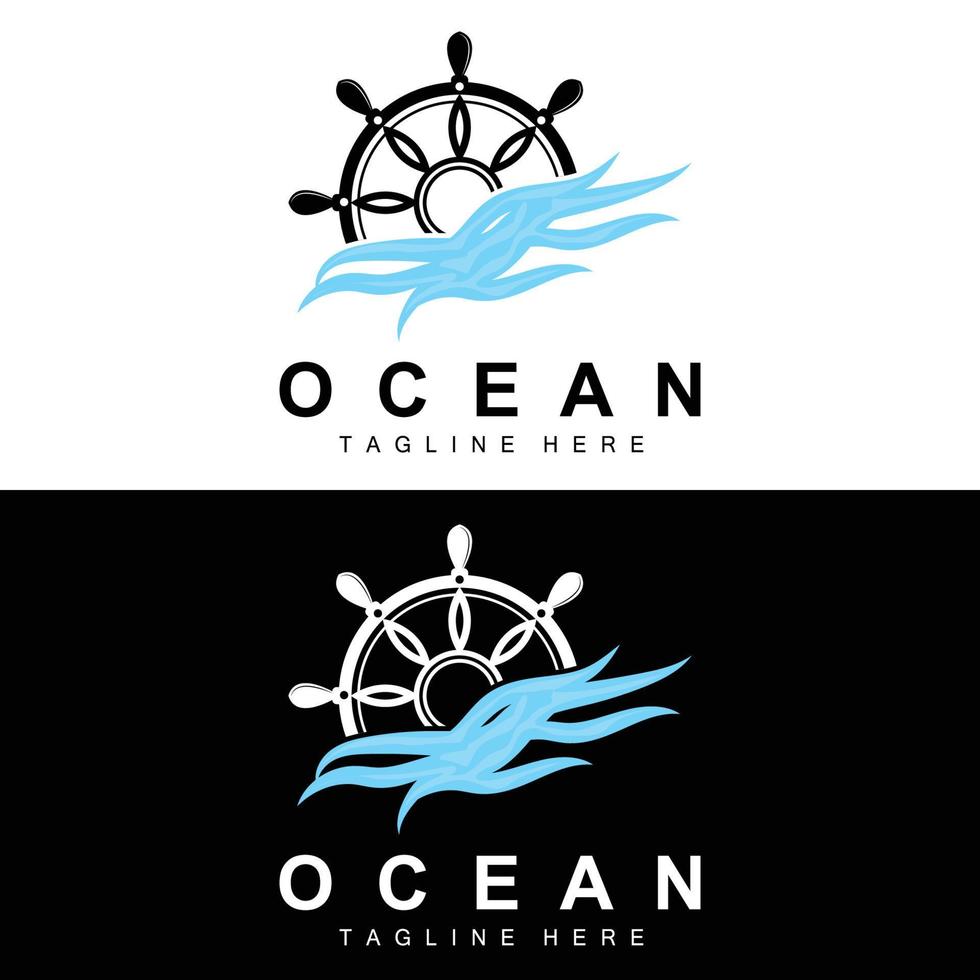 nave timone logo, oceano icone nave timone vettore con oceano onde, barca a vela ancora e corda, azienda marca andare in barca design