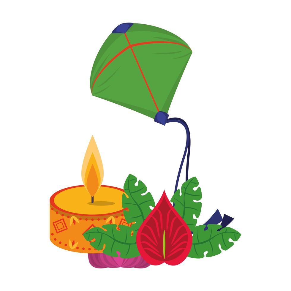 candela, aquilone e fiori con foglie vettore