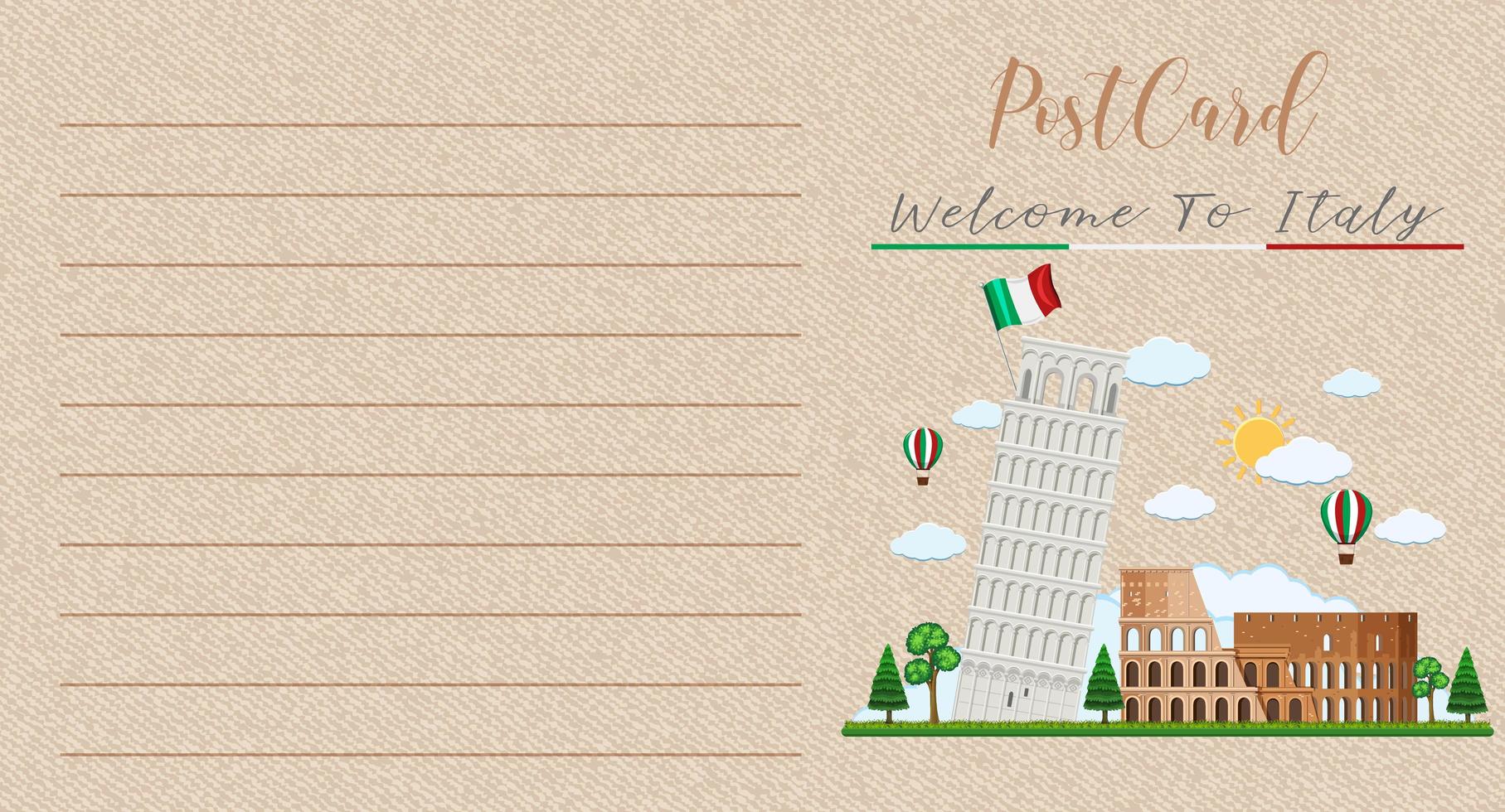 cartolina d'epoca in bianco con il Colosseo e la Torre di Pisa in Italia vettore