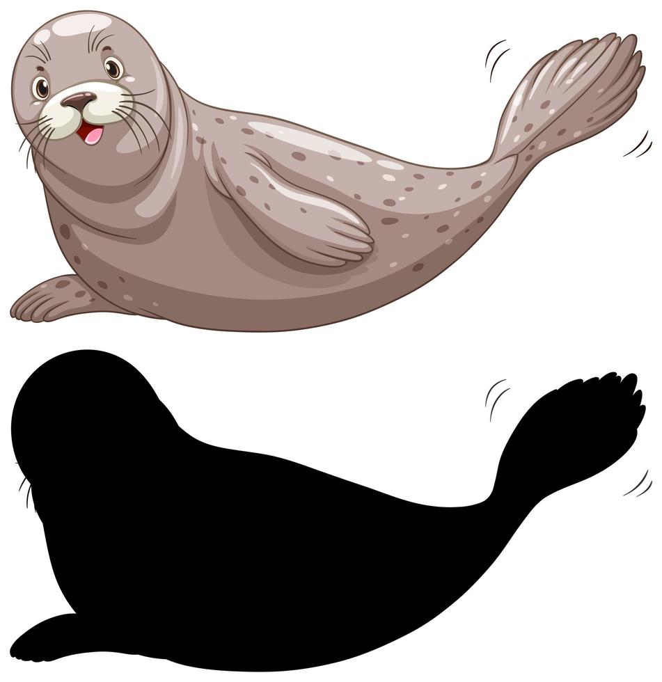 set di caratteri di foca e la sua silhouette su sfondo bianco vettore