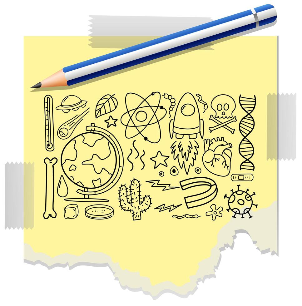 diversi tratti di doodle sulle apparecchiature scientifiche isolate su un foglio con una matita vettore