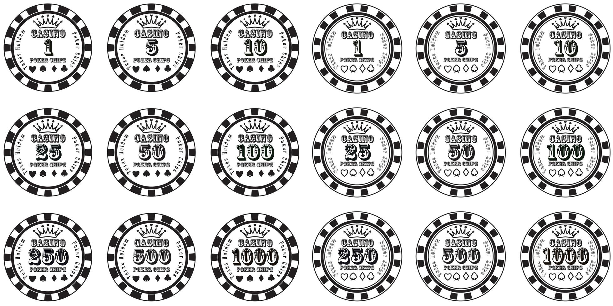 poker chips impostato in bianco e nero isolato vettore