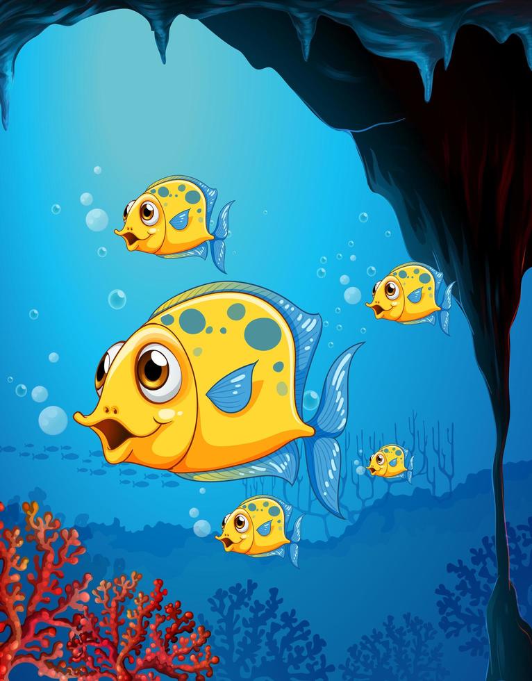 molti personaggi dei cartoni animati di pesci esotici nella scena subacquea con i coralli vettore