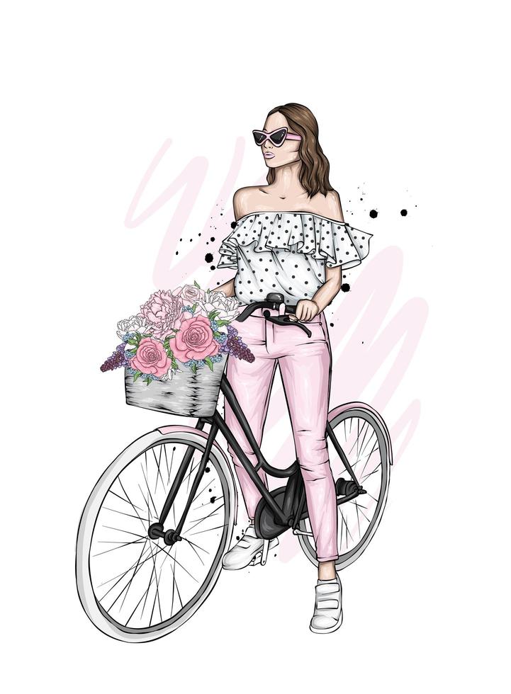 giovane donna in abiti alla moda su una bicicletta vettore