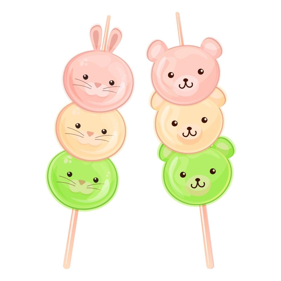 dango orso e coniglietto. giapponese tradizionale cucina piatti sanshoku dango. kawaii asiatico dolci. a forma di animale hanami dango. colorato vettore illustrazione isolato su bianca sfondo.