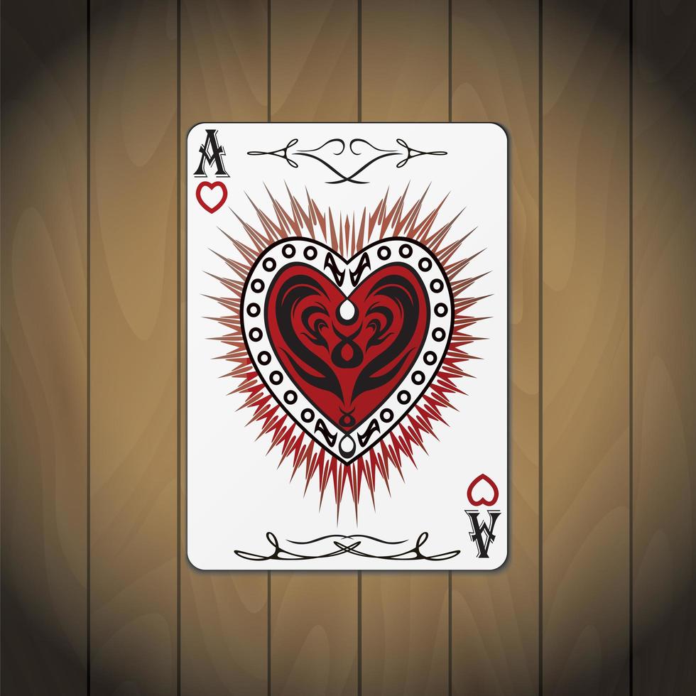 asso cuori, sfondo di legno di carte da poker vettore