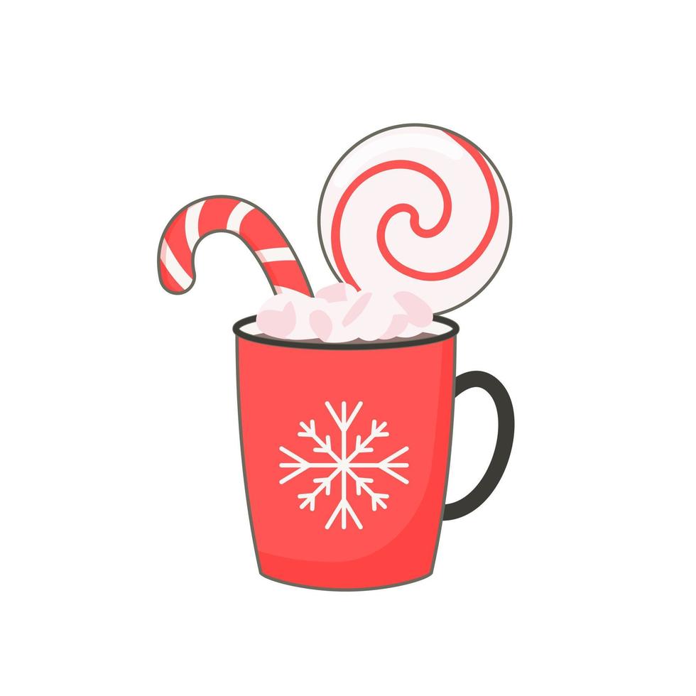 inverno boccale di caldo cioccolato o cacao con marshmallows e caramella canna. rosso boccale con caffè, Natale caramella. vettore