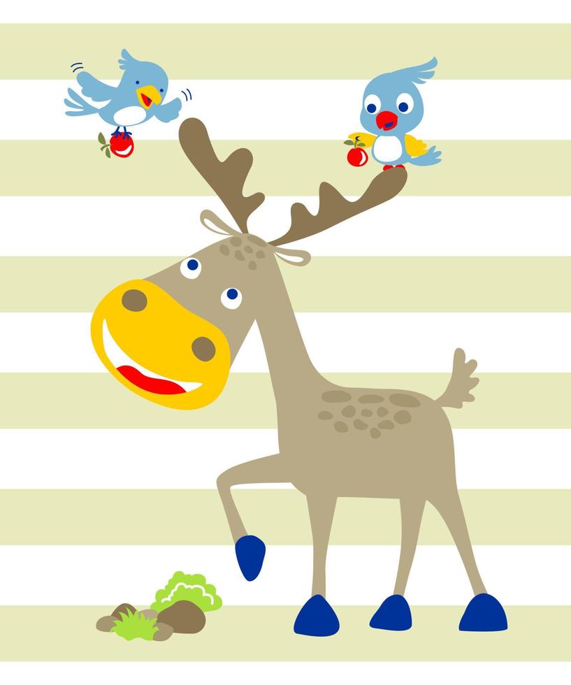 vettore illustrazione di cartone animato cervo con uccelli trasporto frutta