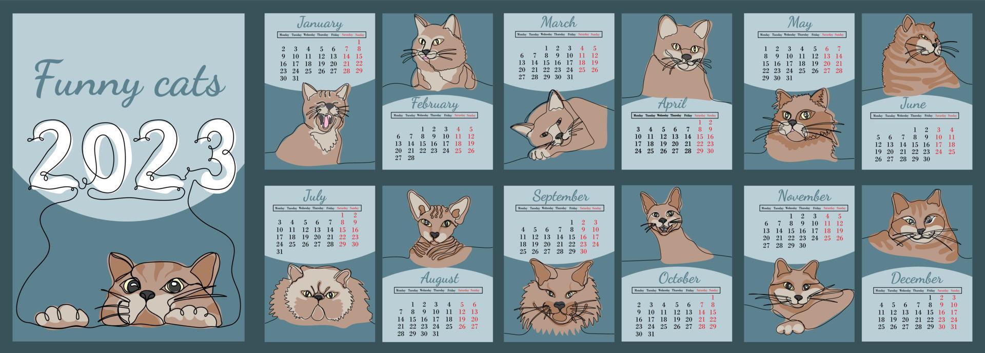 vettore verticale calendario 2023 con divertente gatti nel linea arte stile. settimana inizia a partire dal Lunedi