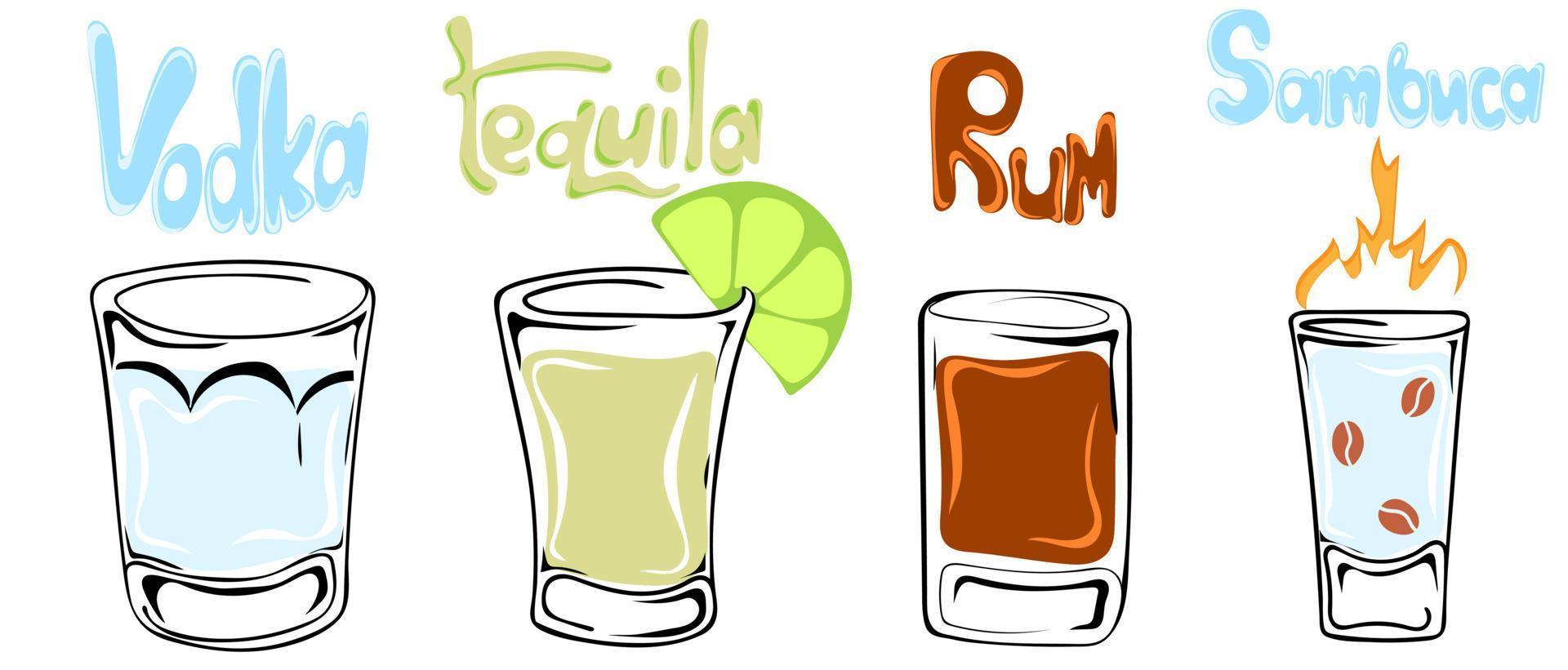 impostato di alcolizzato tiro bicchieri. mano disegnato bicchieri di Vodka, Tequila, Rum e Sambuca vettore