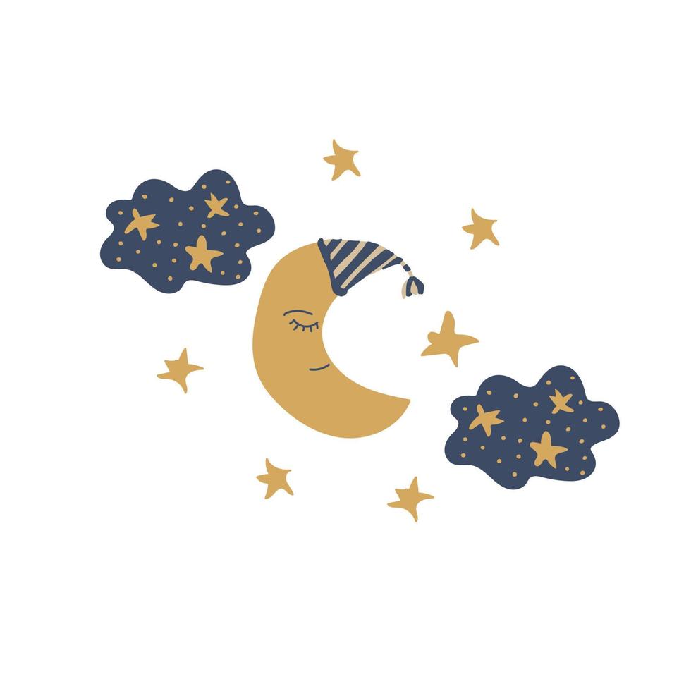 mano disegnato Luna e stelle per bambini vettore