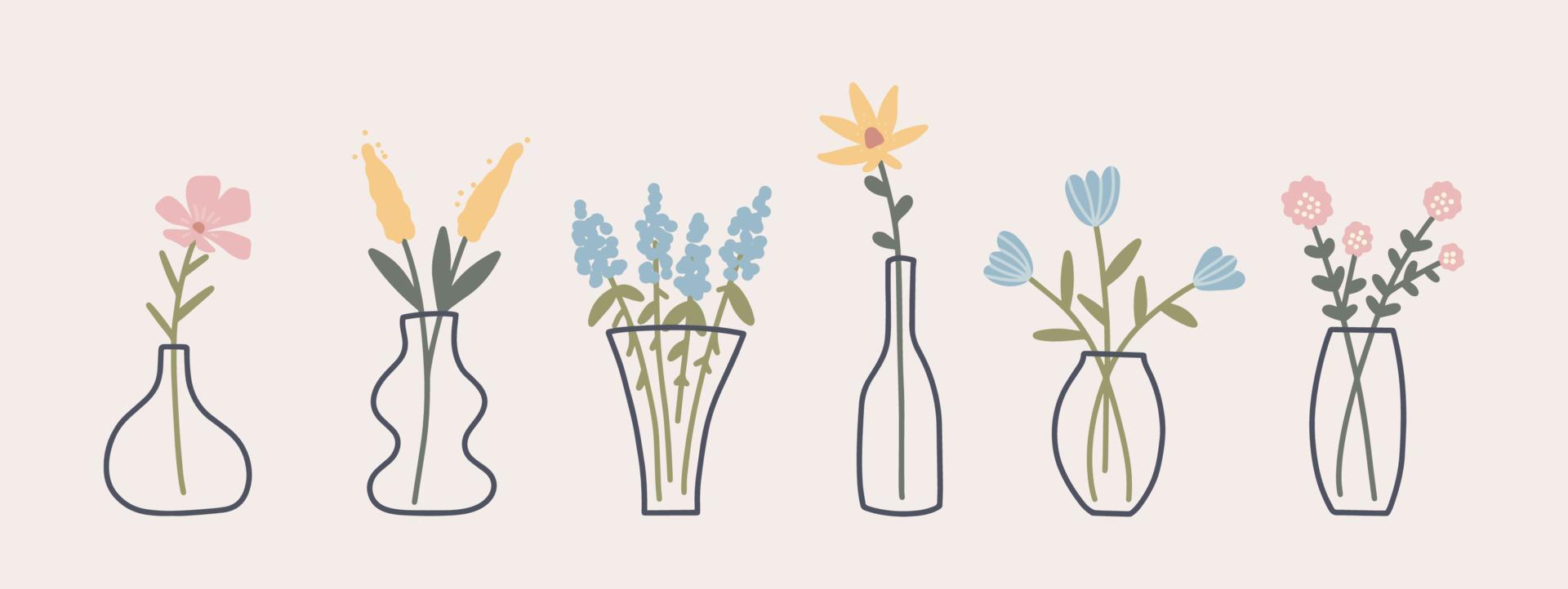 impostato di fioritura fiori nel vaso. astratto mano disegnato mazzo di impianti nel bicchiere vasi. vettore isolato illustrazione su bianca sfondo