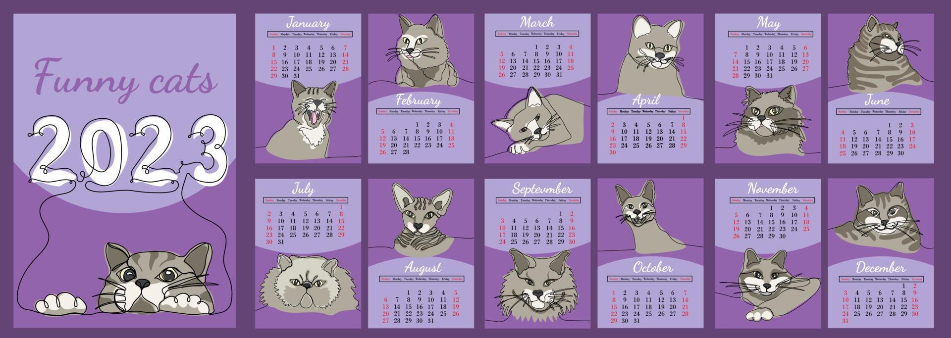 vettore verticale calendario 2023 con divertente gatti nel linea arte stile. settimana inizia a partire dal Domenica