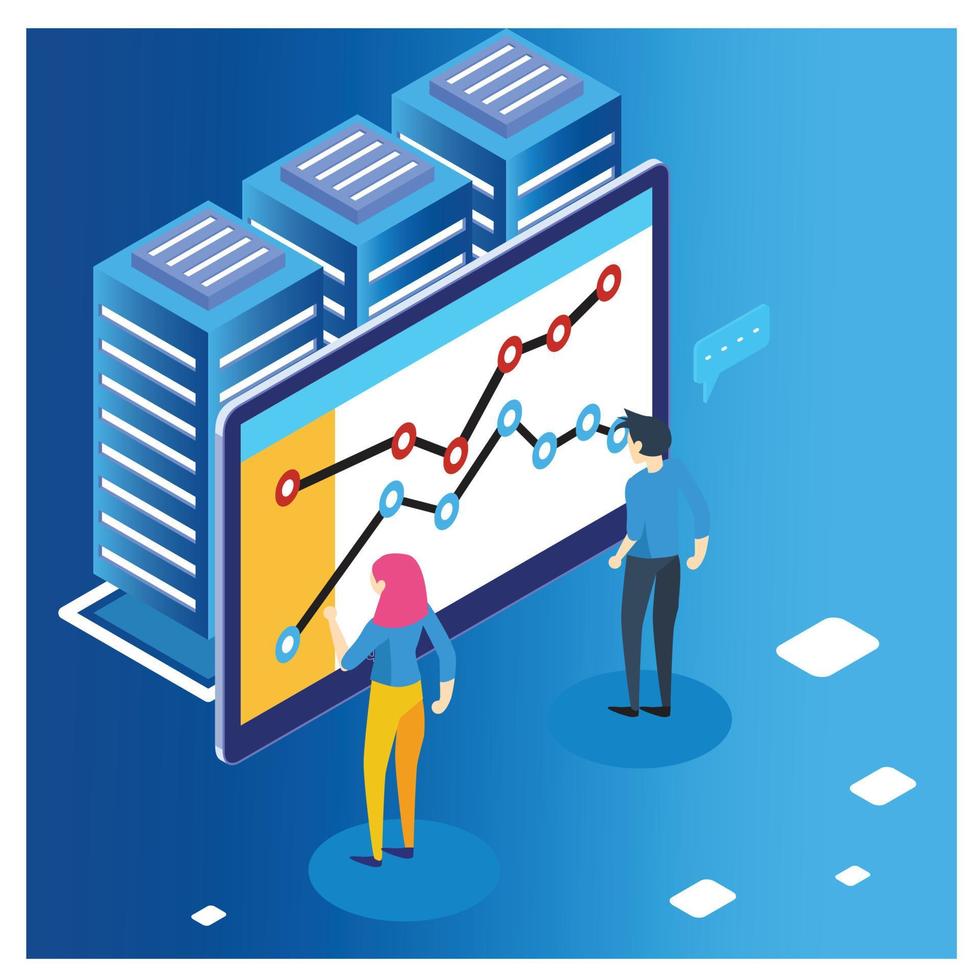 Internet Banca dati connessione, amministratore di ragnatela ospitando concetto. personaggio e testo per Servizi. Tech riparazione centro hardware Software Banca dati per sicuro server. piatto isometrico vettore illustrazione