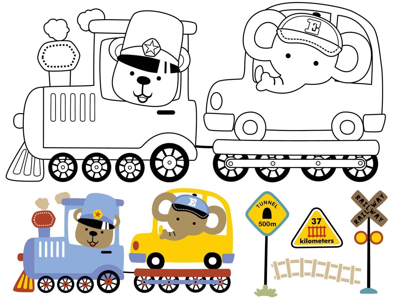 vettore illustrazione di vapore treno trasporto un' macchina, con carino animali, colorazione libro o pagina
