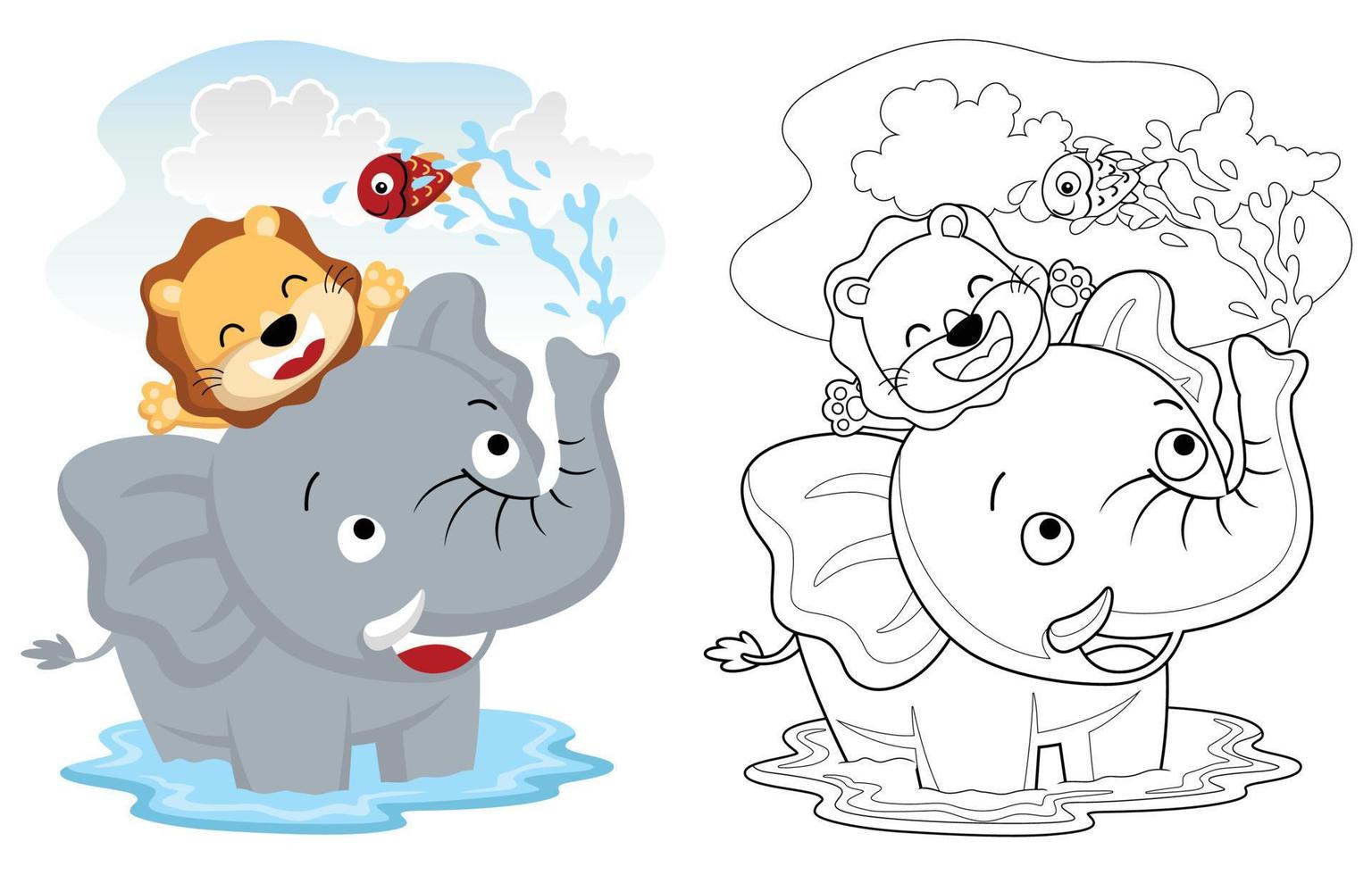 vettore illustrazione di elefante e Leone giocando acqua con poco pesce