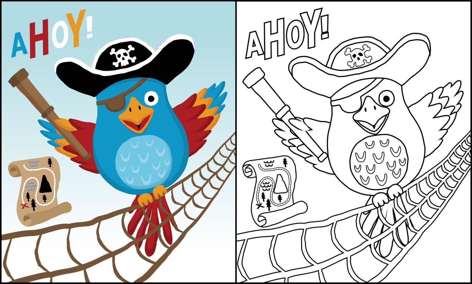 cartone animato di divertente pappagallo nel pirata costume Tenere binoculare, pirata elementi cartone animato, colorazione libro o pagina vettore
