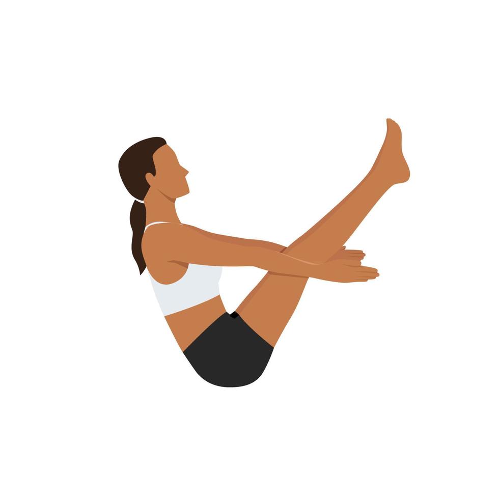 donna fare completare barca posa, naukasana, navasana. bellissimo ragazza pratica paripurna navasana. piatto vettore illustrazione isolato su bianca sfondo