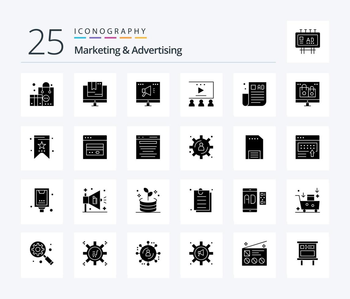marketing e pubblicità 25 solido glifo icona imballare Compreso pubblicità Consigli. video pubblicità. tecnologia. sociale media marketing. in linea vettore