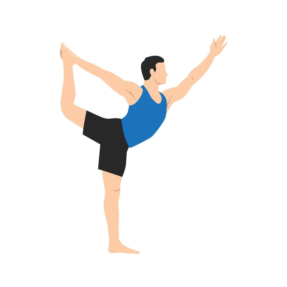 uomo fare ballerino posa, re ballerino posa, signore di il danza posa, ballerino posa. pratica utthita ardha dhanurasana. piatto vettore illustrazione isolato su bianca sfondo