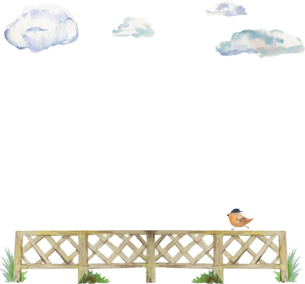 acquerello mano disegnato campagna di legno recinto con erba, nuvole e un' uccello, isolato su bianca sfondo. design modello per carte, regalo borse, inviti, tessile, Stampa, sfondo, per bambini vettore