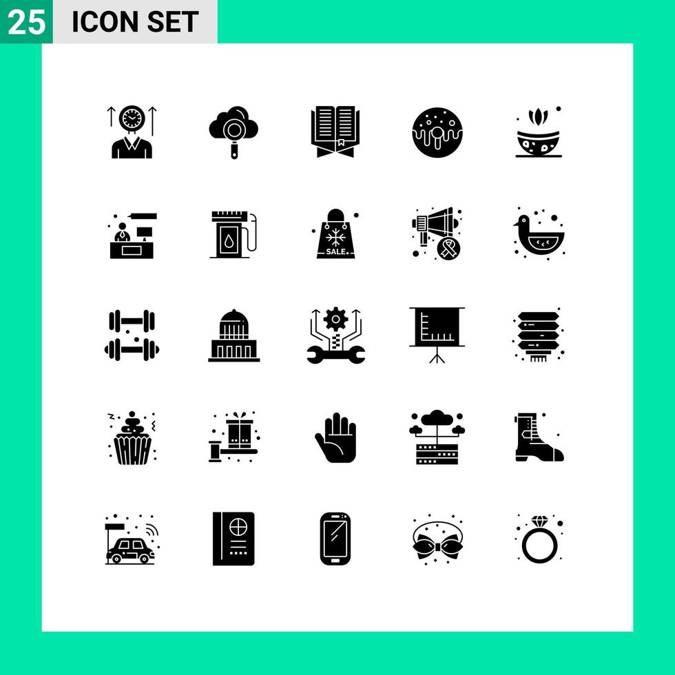 pittogramma impostato di 25 semplice solido glifi di cibo ciambella trova dolce Ramadhan modificabile vettore design elementi