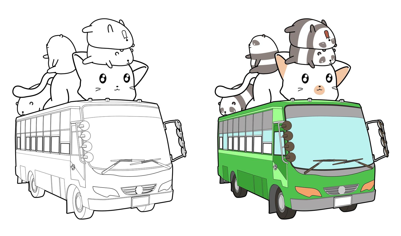 grande gatto e panda sulla pagina di colorazione dei cartoni animati di autobus vettore