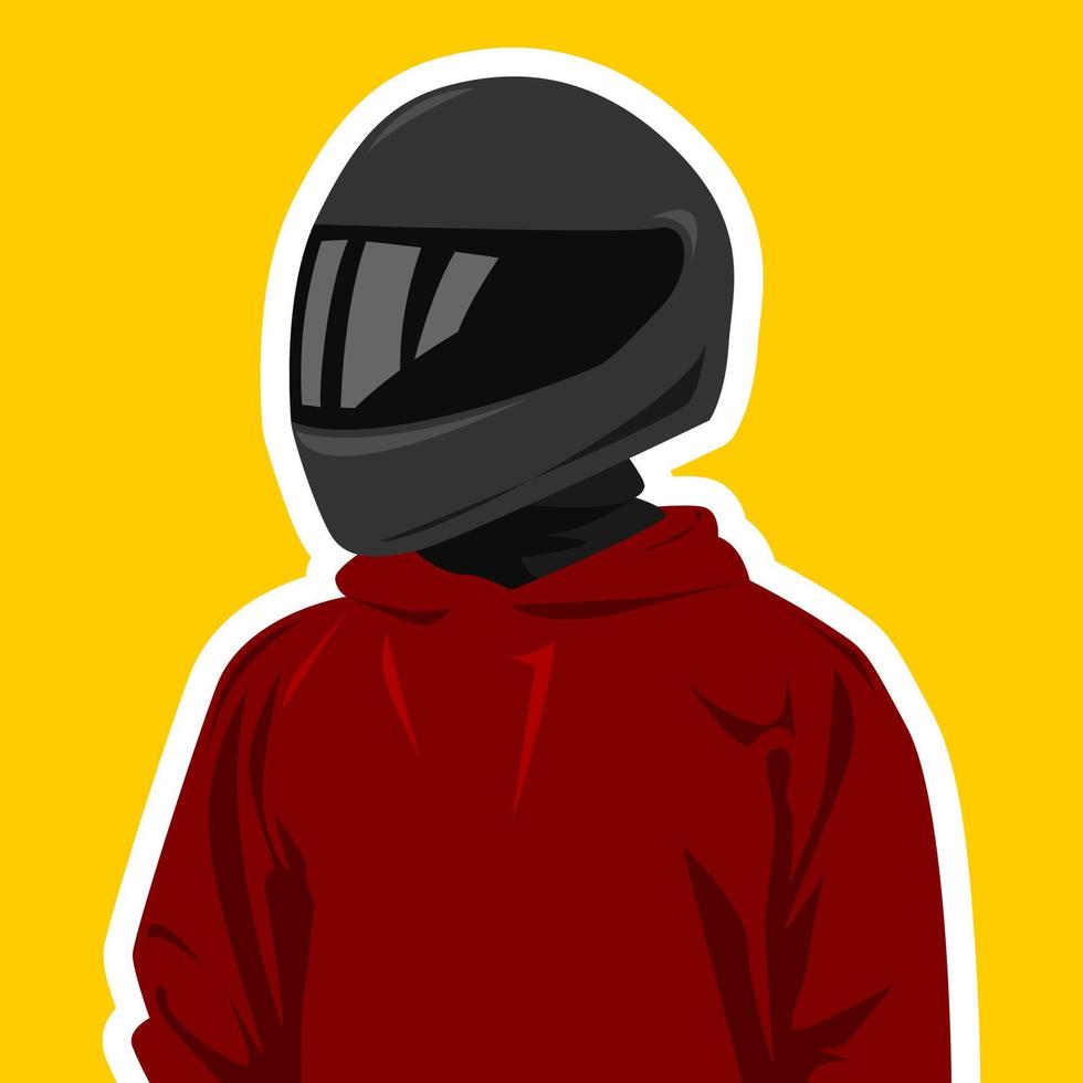 ritratto di un' ciclista indossare un' motociclo casco. marrone maglione. giallo sfondo. avatar sociale media. motociclo amante. piatto vettore illustrazione